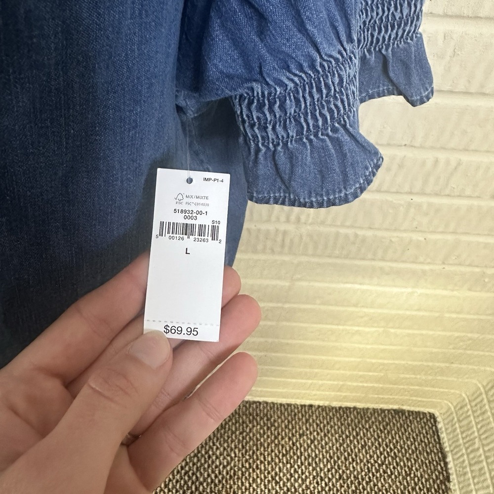 NWT Gap Puff Sleeve Denim Shirt Ruffle Trim Sz L Cotton V Neck Cottagecore Farm - Picture 4 of 7
